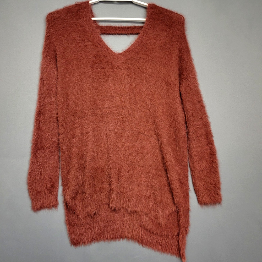 Ruby Moon Sweater Womens S Brown Fuzzy Fluffy Soft Eyelash Asymmetrical Hem